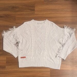 Simply Southern Gray Cable Knit Sweater with Sleeve Fringe